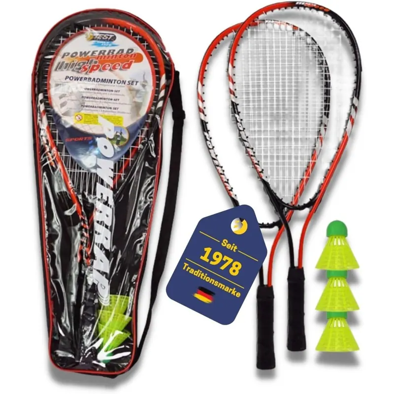 Best Sporting Power Badminton-Set I Federball-Set mit 2 Schläger orange/schwarz & 3 neongelbe Bälle I Speed-Badminton Set Erwachsene & Kinder inkl. Tragetsche, 10202487