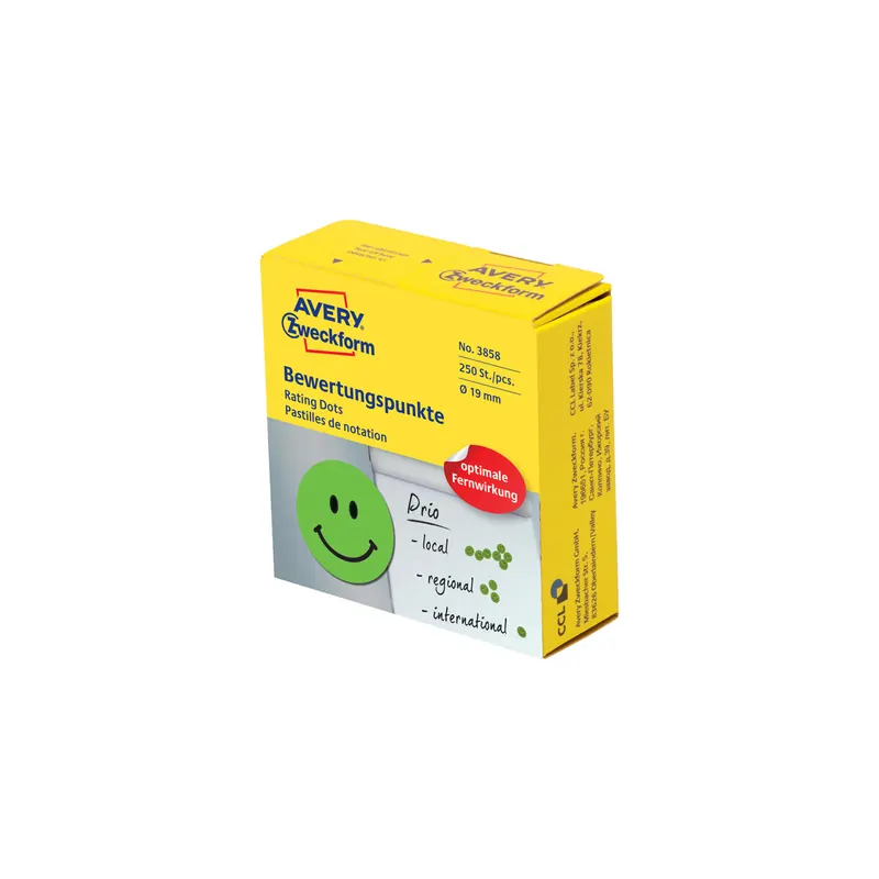 Bewertungsetikett Avery Zweckform 3858 - auf Rolle Ø 19 mm Lachendes Gesicht permanent bedruckt Papier Pckg/250