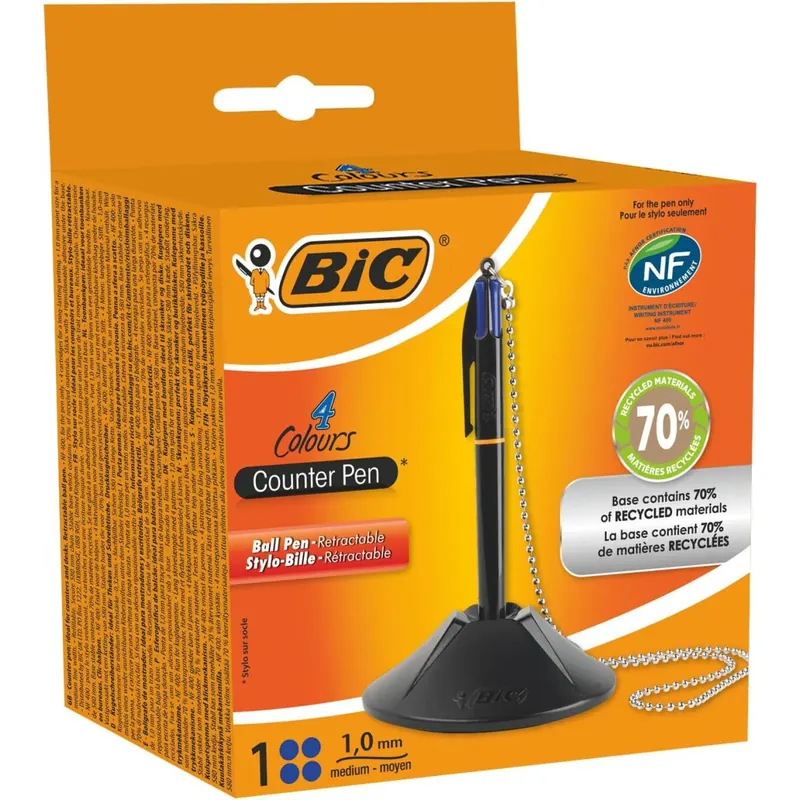 BIC 4 Farben Kugelschreiber mit Kette & Ständer 4 Colours Counter Pen, austauschbare Mienen, Ideal für das Büro, 1 Stück (1er Pack)