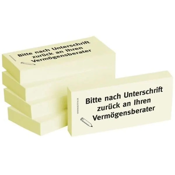 BIZSTIX Bedruckte Haftnotizen - Text: Bitte nach Unterschrift zurück an Ihren Vermögensberater