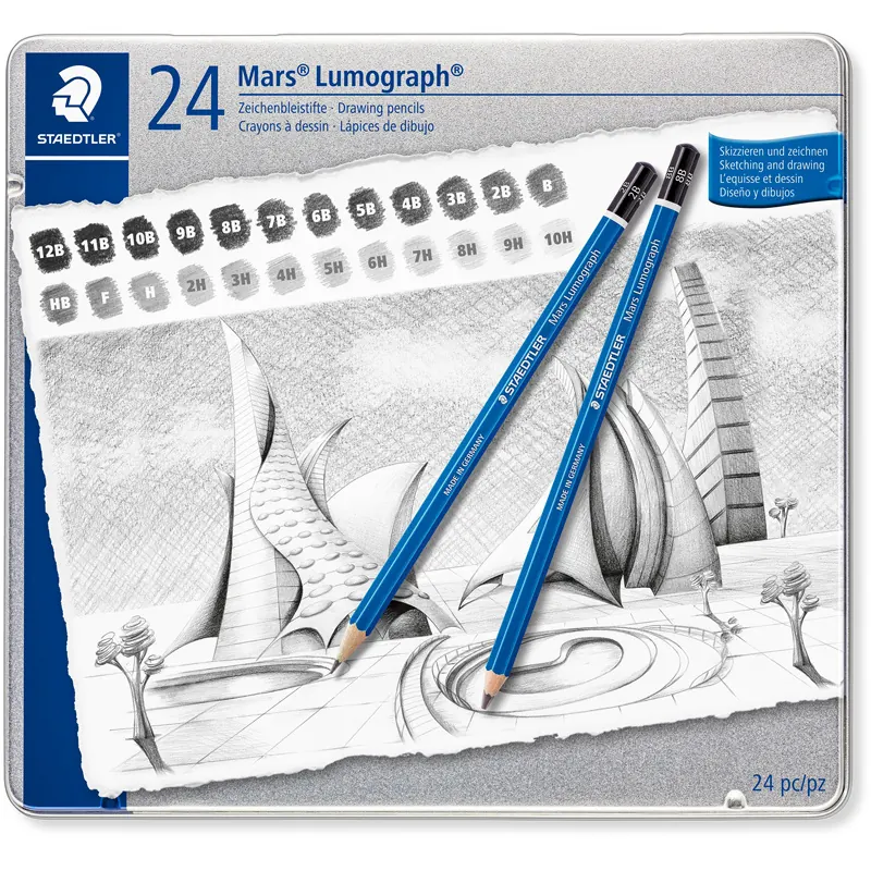 Bleistift Staedtler Mars Lumograph 100G - blau Normalmine 12B-10H ohne Radierer Sechskantform im Metalletui 24er-Set