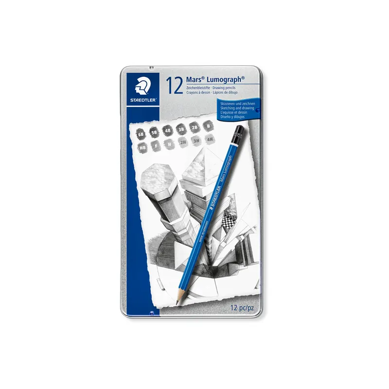 Bleistift Staedtler Mars Lumograph 100G - blau Normalmine 6B-4H ohne Radierer Sechskantform im Metalletui 12er-Set