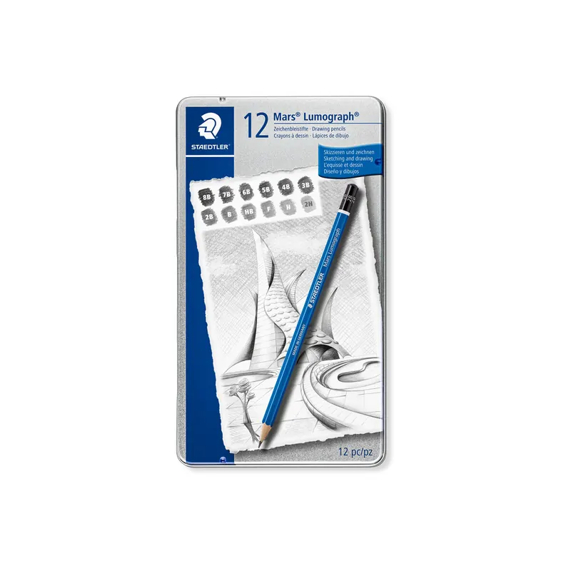 Bleistift Staedtler Mars Lumograph 100G - blau Normalmine 8B-2H ohne Radierer Sechskantform im Metalletui 12er-Set
