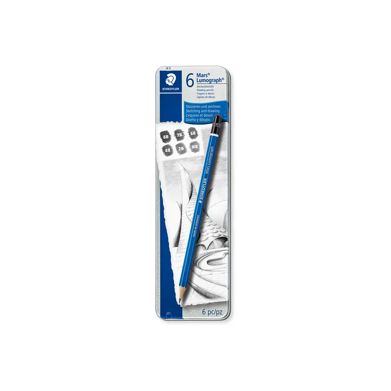 Bleistift Staedtler Mars Lumograph 100G - blau Normalmine 8B-HB ohne Radierer Sechskantform im Metalletui 6er-Set