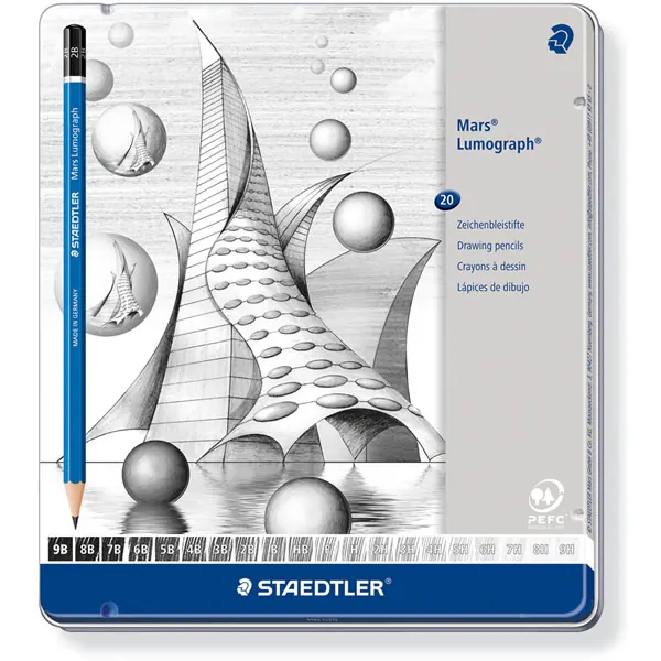 Bleistift Staedtler Mars Lumograph 100G - blau Normalmine 9B-9H ohne Radierer Sechskantform im Metalletui 20er-Set