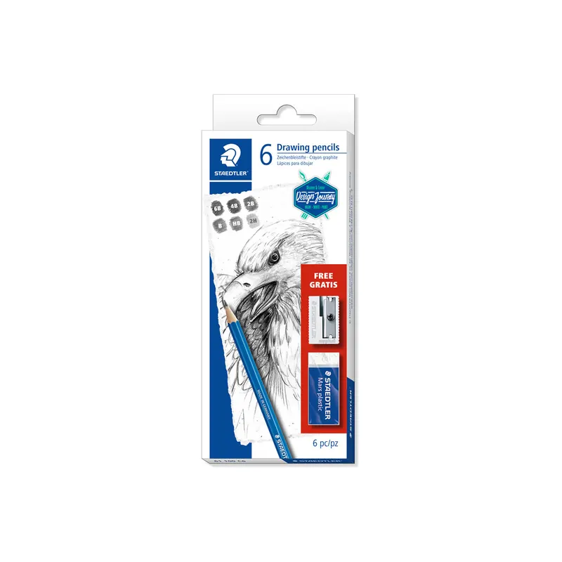 Bleistift Staedtler Mars Lumograph 61100C6 - blau Normalmine 6B-2H mit Radierer Sechskantform 8er-Set