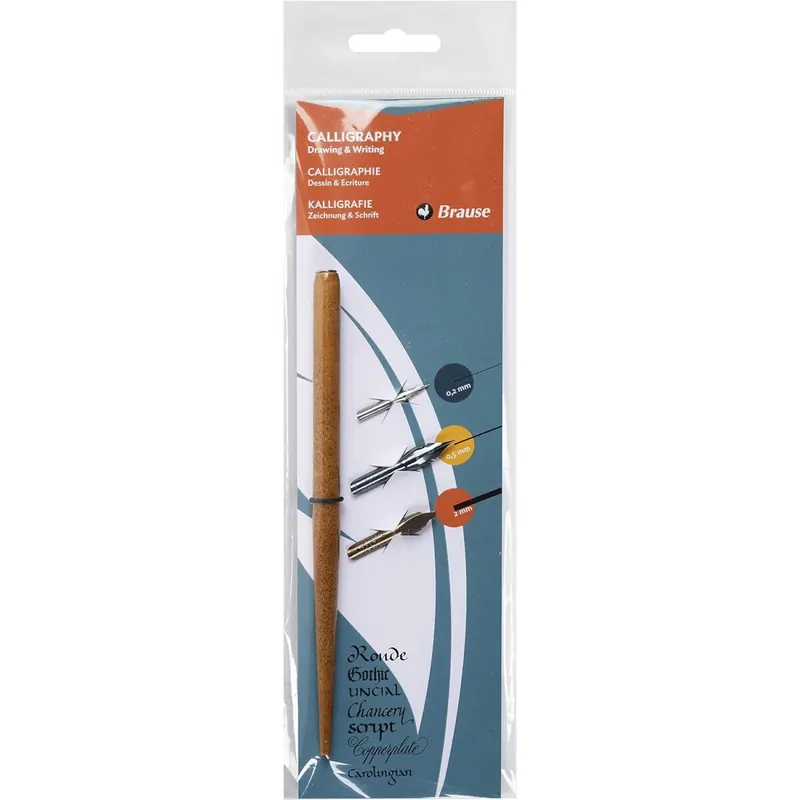 Brause 16003B Kalligraphie-Set mit 1x Federhalter aus Holz und 3x Federn( Zeichenfeder, Steno & Bandzug 2 mm) 1 Set