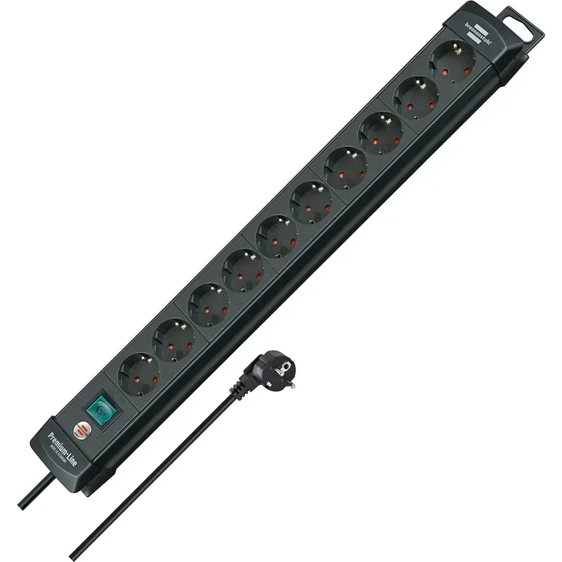Brennenstuhl Premium-Line, Steckdosenleiste 10-Fach (Steckerleiste mit Schalter und 3m Kabel, Mehrfachsteckdose mit 45° Winkel der Schutzkontakt-Steckdosen, Made in Germany) schwarz