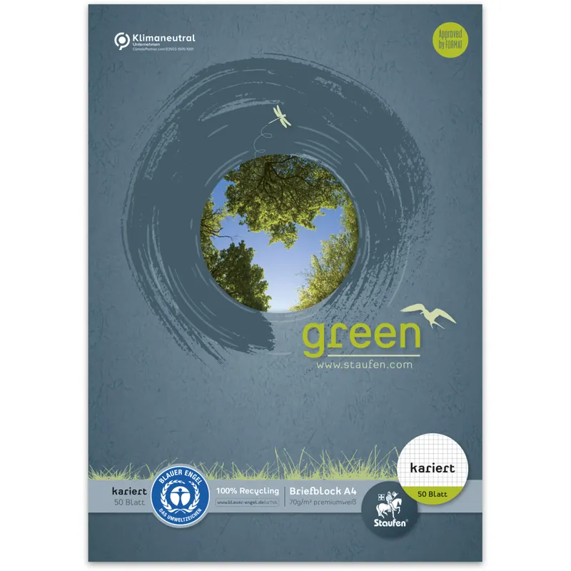 Briefblock Staufen Green 608585020 - A4 210 x 297 mm Deckblatt kariert Lineatur22 5 x 5 mm 50 Blatt weißes Qualitätspapier 70 g/m²