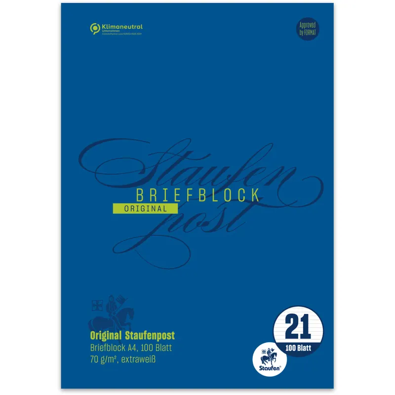 Briefblock Staufen Staufenpost 734045521 - A4 210 x 297 mm Deckblatt liniert Lineatur21 mit Schreiblinie 100 Blatt ECF weißes Qualitätspapier 70 g/m²