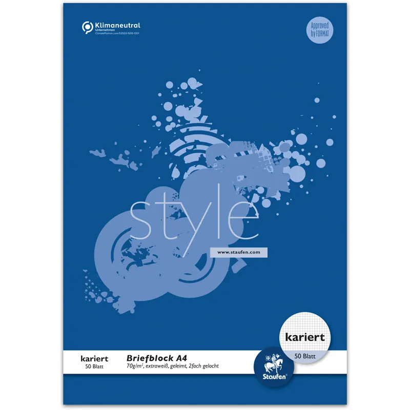 Briefblock Staufen Style 608743020 - A4 210 x 297 mm Deckblatt kariert Lineatur22 5 x 5 mm 50 Blatt klimaneutral weißes Qualitätspapier 70 g/m²