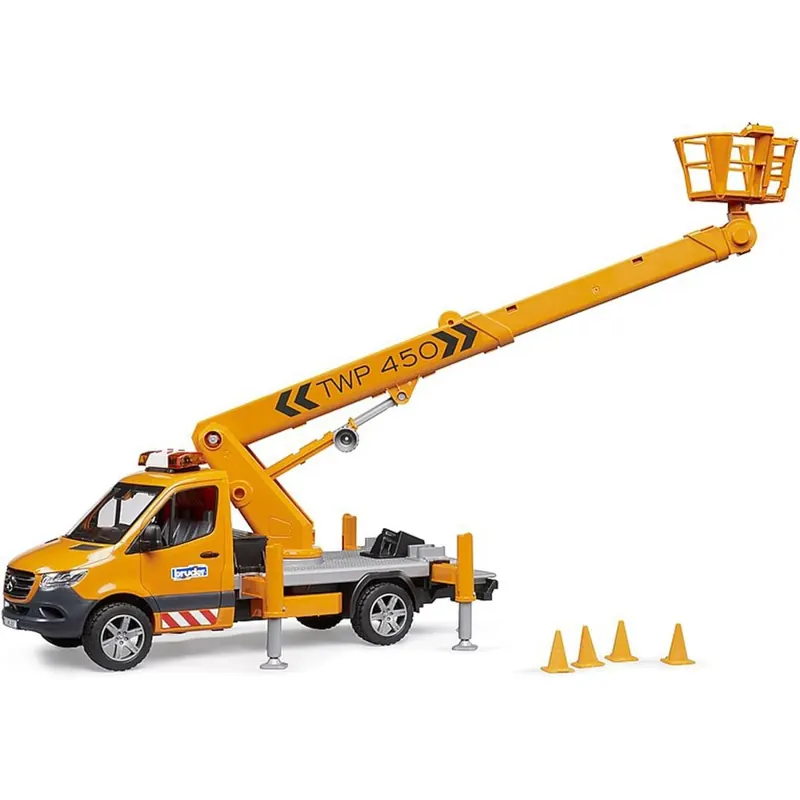 bruder 02679 - MB Sprinter mit Arbeitsbühne und Light & Sound Modul - 1:16 Baustellenfahrzeuge, Transporter, LKW, Bauarbeiter, Spielzeug ab 4 Jahre