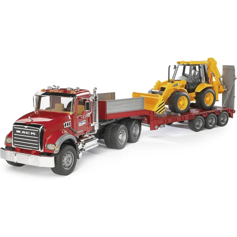 bruder 02813 - MACK Granite LKW mit Tieflader & JCB 4CX Baggerlader - 1:16 Transporter Schwertransporter Truck Baustelle Baufahrzeug Schaufelbagger