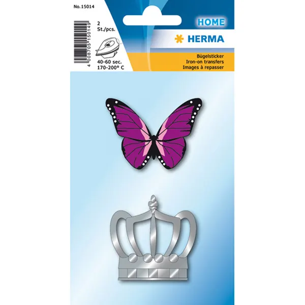 Bügeletikett Herma 15014 - auf Bogen 84 x 120 mm Schmetterling / Krone permanent für Handbeschriftung Stoff Pckg/2