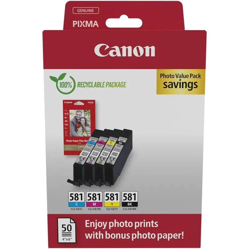Canon CLI-581 C M Y BK Vorteilspack 4 Tintenpatronen (Schwarz, Cyan, Magenta, Gelb) Original +50 Blatt 10x15cm Photo Paper
