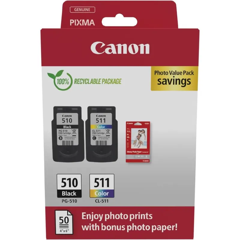Canon PG-510/CL-511 Vorteilspack 2 Tintenpatronen (Schwarz + Farbe) Original +50 Blatt 10x15cm Photo Paper