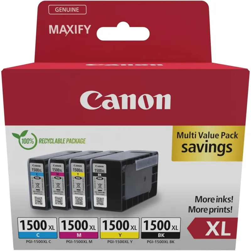 Canon PGI-1500 XL C M Y BK Vorteilspack 4 Tintenpatronen größere Reichweite XL (Schwarz XL, Cyan XL, Magenta XL, Gelb XL) Original