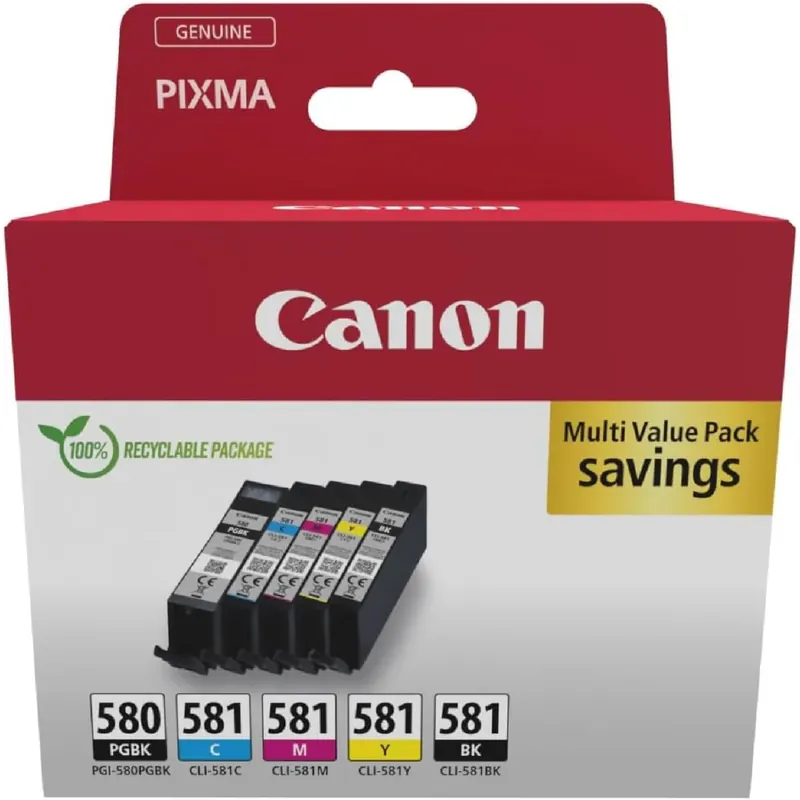 Canon PGI-580 CLI-581 BK C M Y PGBK Vorteilspack 5 Tintenpatronen (Schwarz, Cyan, Magenta, Gelb, Pigment-Schwarz) Original