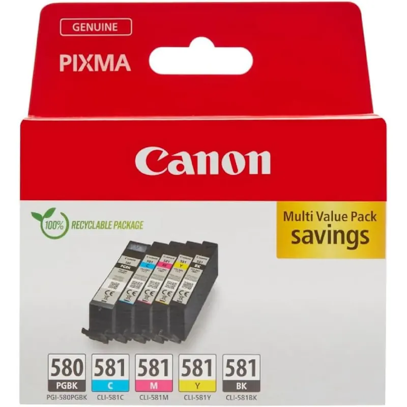 Canon Tinten-Multipack - PGI-580/CLI-581 Original Drucker-Tintenpatronen 5er-Pack (1 x Schwarz, 1 x Cyan, 1 x Magenta, 1 x Gelb & 1 x Schwarz) - Kompatibel PIXMA Druckern