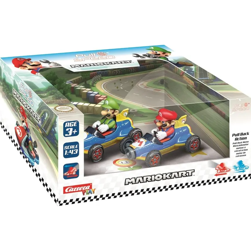 Carrera Pull & SPEED - 15813018 Mario Kart - Mach8 Twinpack I Aufziehauto Rennauto I Pull and Speed Auto mit Rückziehmotor I Für Jungs und Mädchen ab 6 Jahren & Erwachsene I Rennbahn