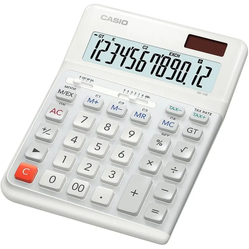 Casio ergonomischer Tischrechner DE-12E-WE, 12stellig, Tastatur in Treppendesign, vertikale Tastenanschläge, Steuerberechnung, Währungsumrechnung, Vorzeichenwechsel, Solar/Batteriebetrieb
