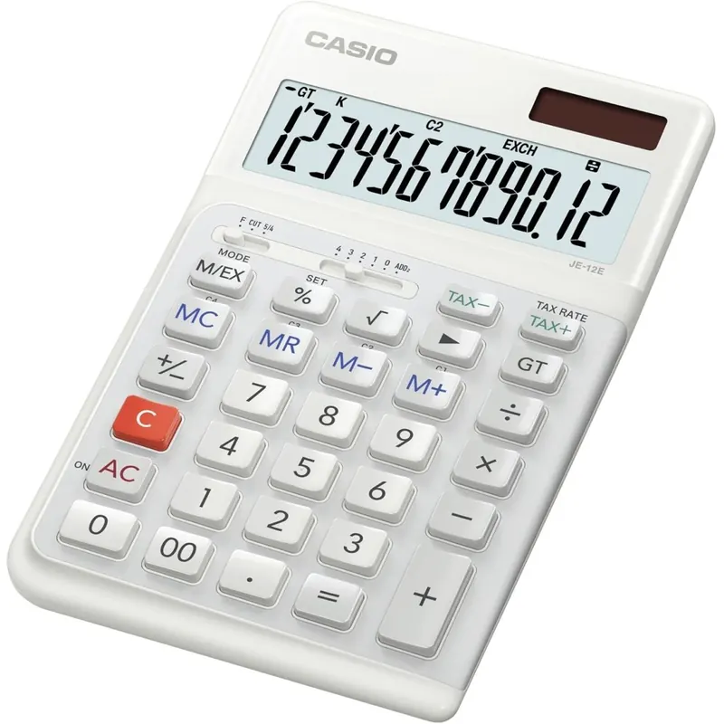 Casio ergonomischer Tischrechner JE-12E-WE, 12-stellig, Tastatur in Treppendesign, vertikale Tastenanschläge, Steuerberechnung, Währungsumrechnung, Vorzeichenwechsel, Solar/Batteriebetrieb