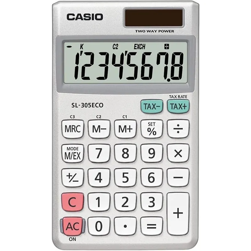 CASIO Taschenrechner SL-305ECO, 8-stellig, umweltfreundlich, Steuerberechnung, Aluminiumfront, Solar-/Batteriebetrieb