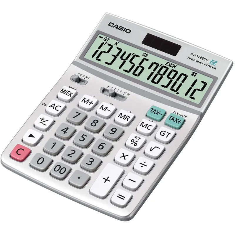 Casio Tischrechner DF-120ECO, 12-stellig, umweltfreundlich, Steuerberechnung, Solar-/Batteriebetrieb, farbe