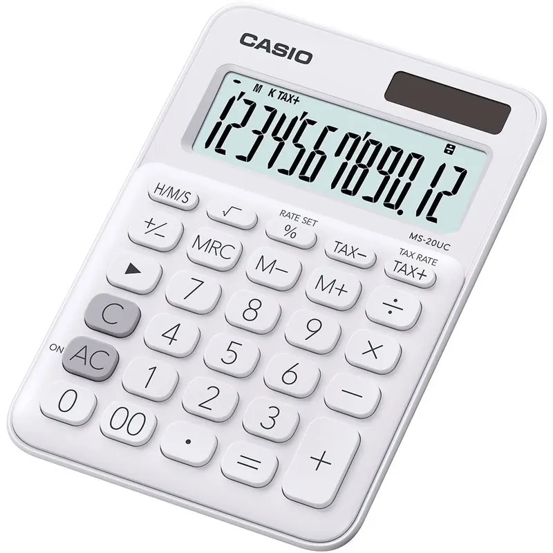 CASIO Tischrechner MS-20UC-WE, 12-stellig, in Trendfarben, Steuerberechnung, Zeitumrechnung, Solar-/Batteriebetrieb
