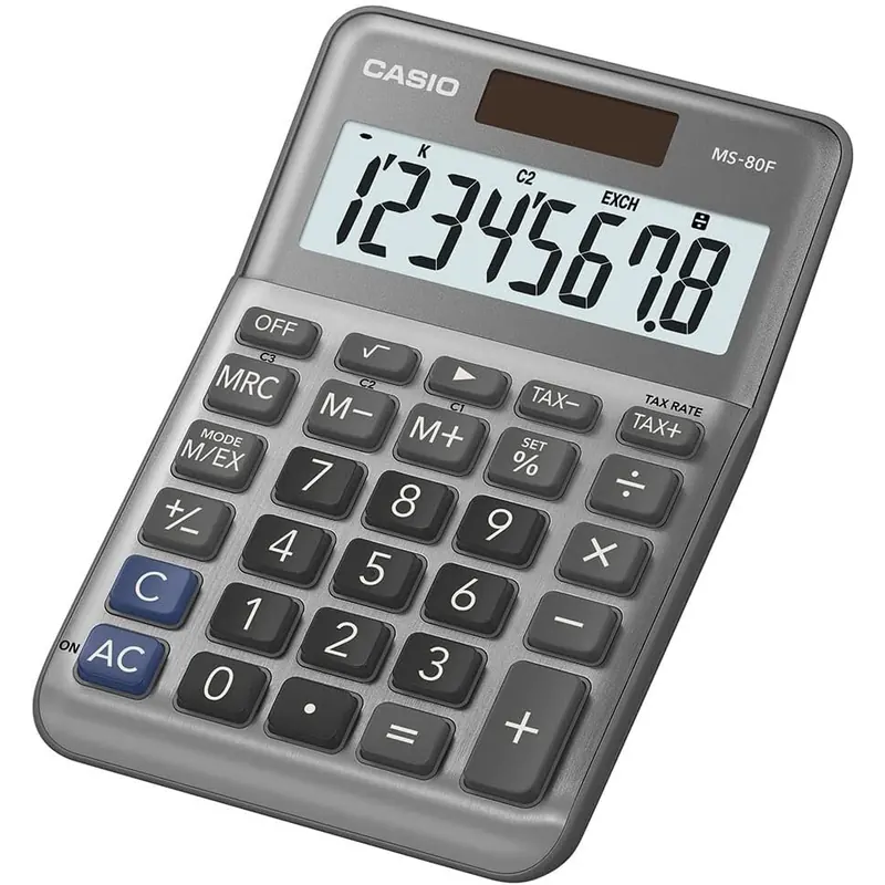 Casio Tischrechner MS-80F, 8-stellig, Steuerberechnung, Quadratwurzel, Aluminiumfront, Vorzeichenwechsel, Solar/Batteriebetrieb