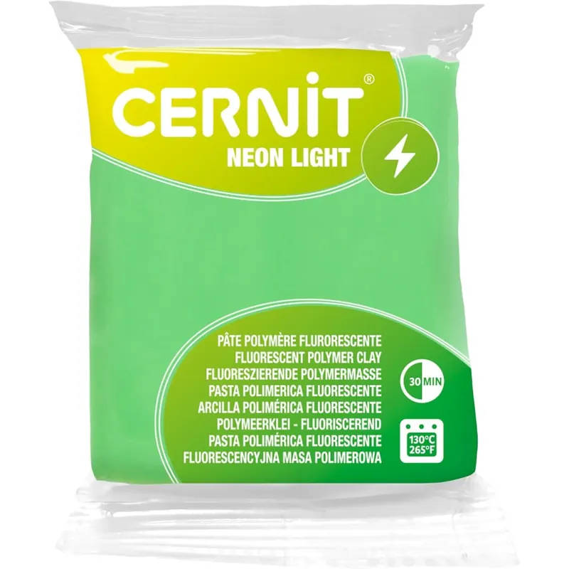 CERNIT CE0930056600C - Block Modelliermasse (Polymer) NEON LIGHT, ofenhärtend, sofort gebrauchsfähig, 56g, für DIY, Schmuck, Figuren, für Einsteiger und Hobbykünstler, Neon Grün, 1 Stück