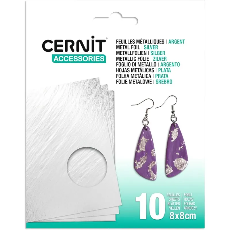 CERNIT CE922C - Packung mit 10 Metallfolien Prägefolien, 8,5x8,5cm Folie, geeignet für Kunst und DIY-Aktivitäten, Silber, 1 Pack