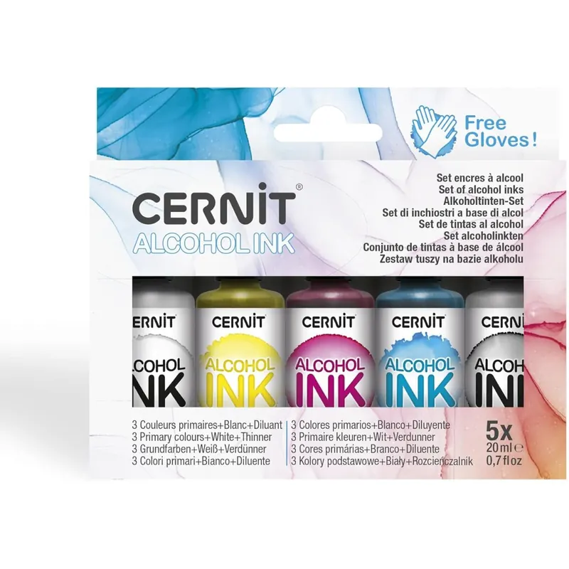 CERNIT CEASS005C - Set 4 Flakons Alkoholtinte 20ml + 1 Flakon Verdünner, für Epoxidharz geeignet, glänzendes Finish, Primärefarben sortiert (Weiß, Blau, Türkis, Smaragd) 1 Set