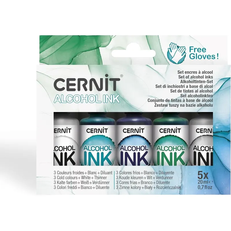 CERNIT CEASS006C - Set 4 Flakons Alkoholtinte 20ml + 1 Flakon Verdünner, für Epoxidharz geeignet, glänzendes Finish, Metallfarben sortiert (Weiß, Gold, Kupfer,Silber) 1 Set