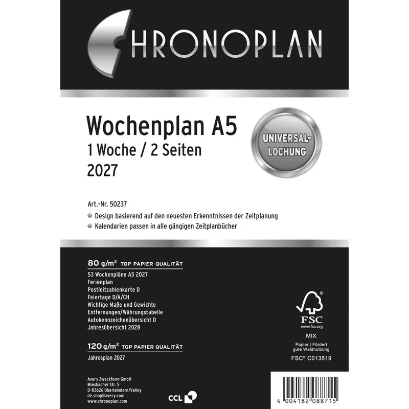 Chronoplan-50237 Wochenplan, A5, 2027, weiß, 148 x 210 mm, Inhalt: 63 Blätter / 1 Stück