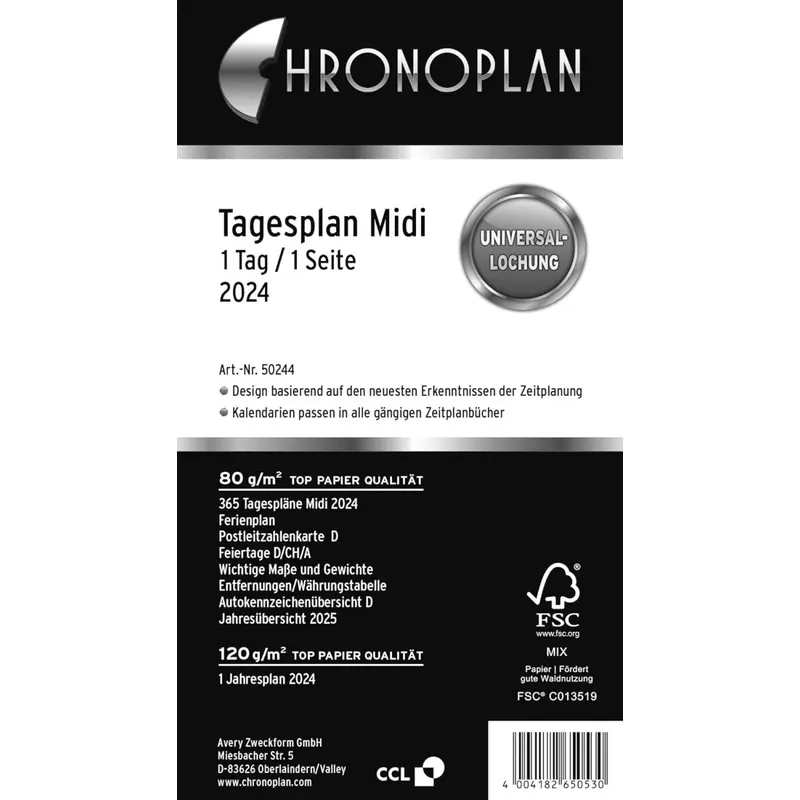 Chronoplan 50244 Kalendereinlage 2024 (Tagesplan Midi (96x172mm), Ersatzkalendarium für Terminplaner, Tagesplaner, ideal für detaillierte Tagesplanung, 1 Tag auf 1 Seite, mit Universallochung) weiß