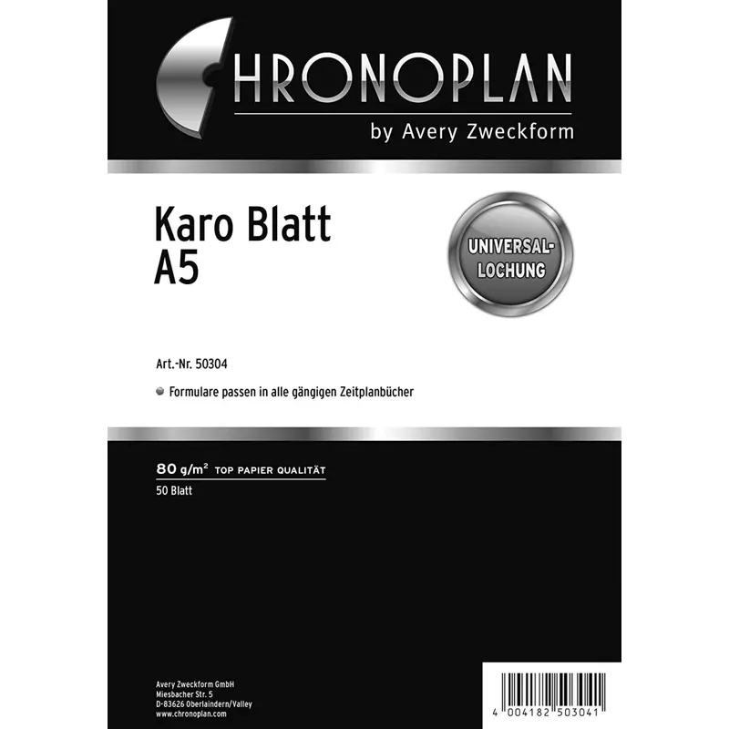 Chronoplan 50304 karierte Kalendereinlagen zum Nachfüllen für Terminplaner (A5-Format, 50 karierte Blätter mit Universallochung, 80g/m², ideal für Notizen und Skizzen, für viele Organizer)