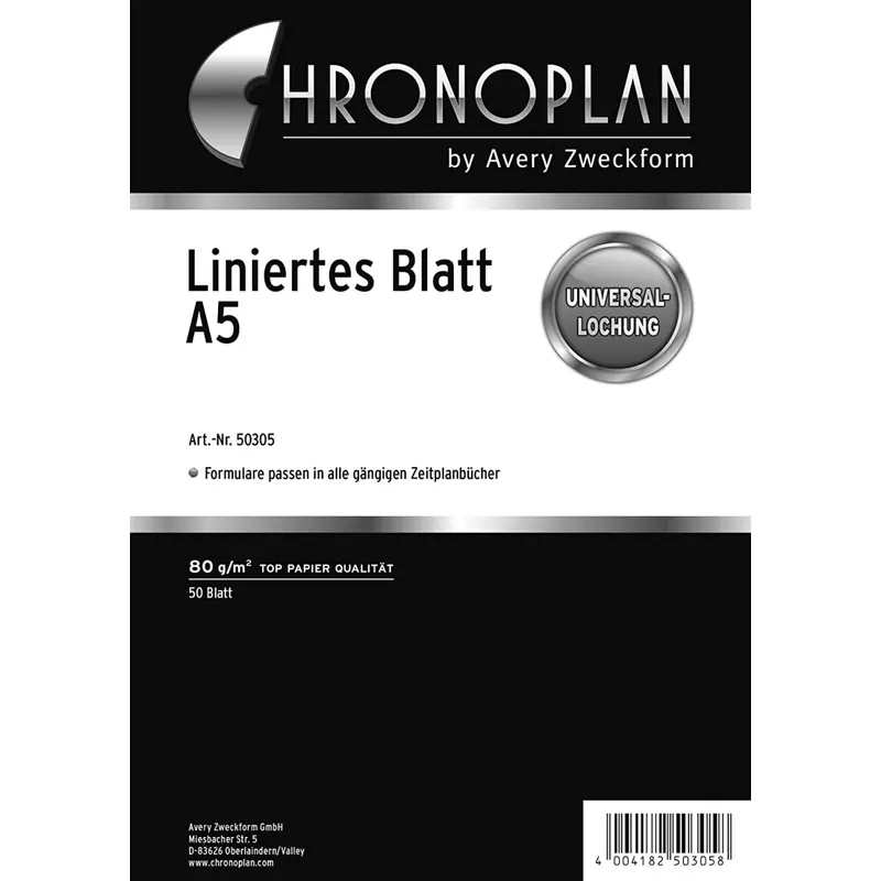 Chronoplan 50305 linierte Kalendereinlagen zum Nachfüllen für Terminplaner (A5-Format, 50 linierte Blätter mit Universallochung, 80g/m², ideal für Notizen und Skizzen, für viele Organizer)