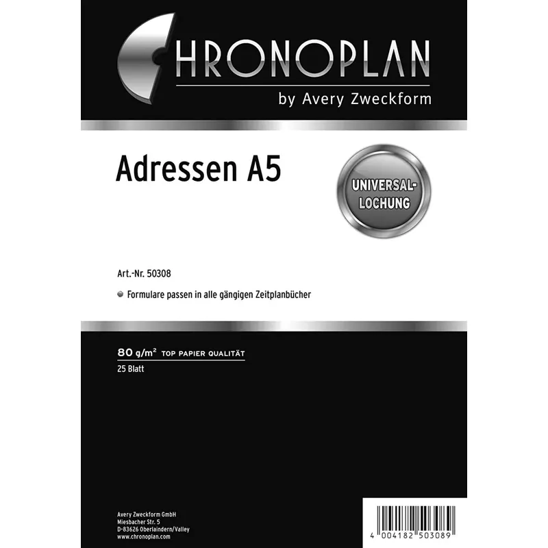 Chronoplan 50308 Adress-Einlagen zum Nachfüllen für Terminplaner (A5-Format, 25 Adressblätter mit Universallochung, 80g/m², übersichtliche Adresssammlung von Kontaktdaten, für viele Organizer)