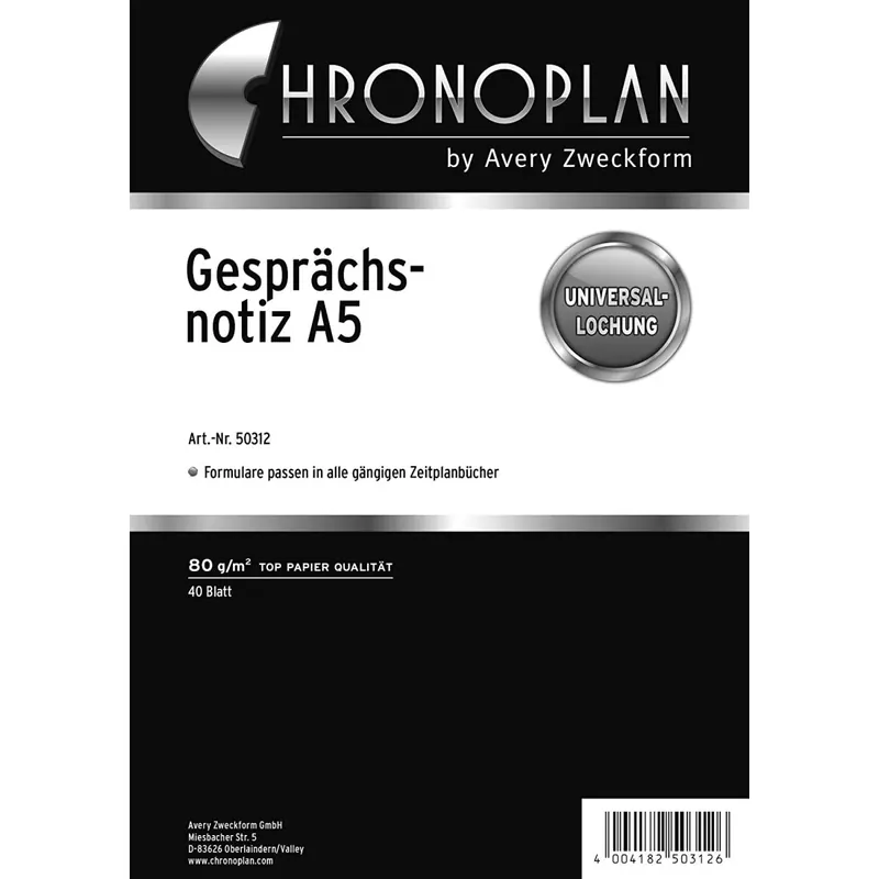 Chronoplan 50312 Gesprächsnotiz Kalendereinlagen zum Nachfüllen für Terminplaner (A5-Format, 40 Gesprächsnotizen mit Universallochung, 80g/m², Kundenkontakte, Ergebnisse und Aufgaben notieren)