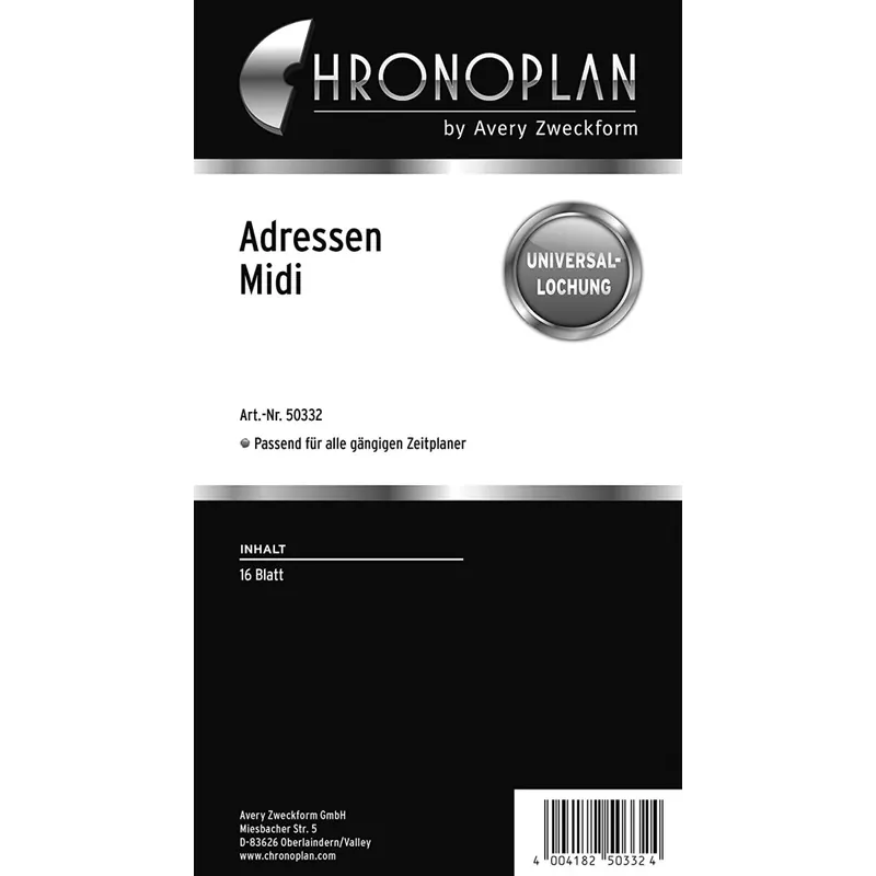 Chronoplan 50332 Adress-Einlagen zum Nachfüllen für Terminplaner Midi (96x172 mm, 16 Adressblätter mit Universallochung, 80g/m², übersichtliche Adresssammlung von Kontaktdaten, für viele Organizer)