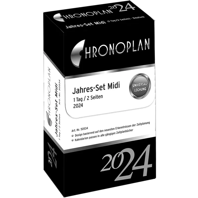 Chronoplan 50534 Kalendereinlage 2024 (Jahres-Set Midi (96x172mm), Ersatzkalendarium für Terminplaner, Tagesplaner, ideal für detaillierte Tagesplanung, 1 Tag auf 2 Seiten, mit Universallochung) weiß