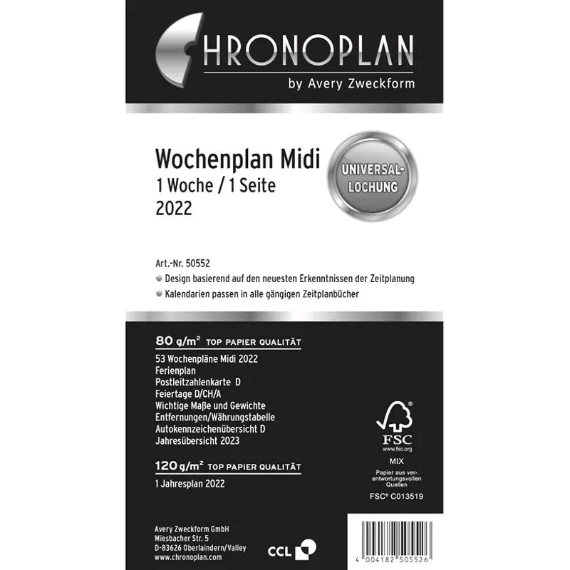 Chronoplan 50552 Kalendereinlage 2023, Wochenplan im Midi Format (96x172mm), Tage in Zeilen, Ersatzkalendarium, ideal für übersichtliche Wochenplanung, Universallochung (1 Woche auf 1 Seite), weiß