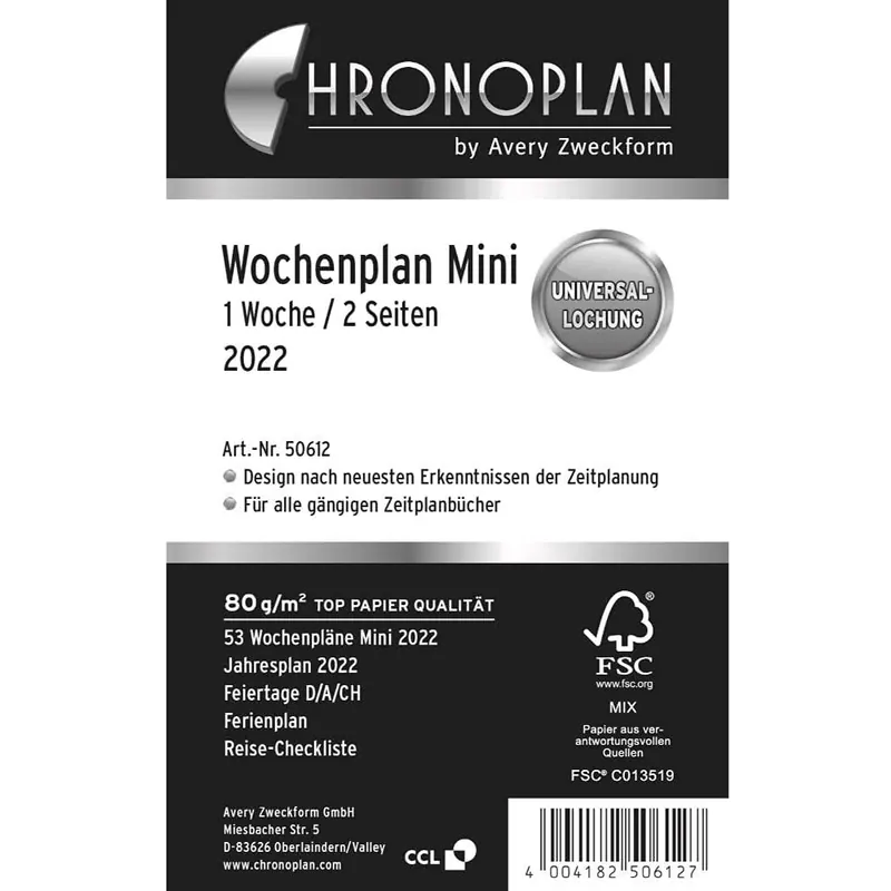Chronoplan 50612 Kalendereinlage 2022, Wochenplan im Mini Format (79x125mm), Tage in Zeilen, Ersatzkalendarium, ideal für detaillierte Wochenplanung, Universallochung (1 Woche auf 2 Seiten), weiß