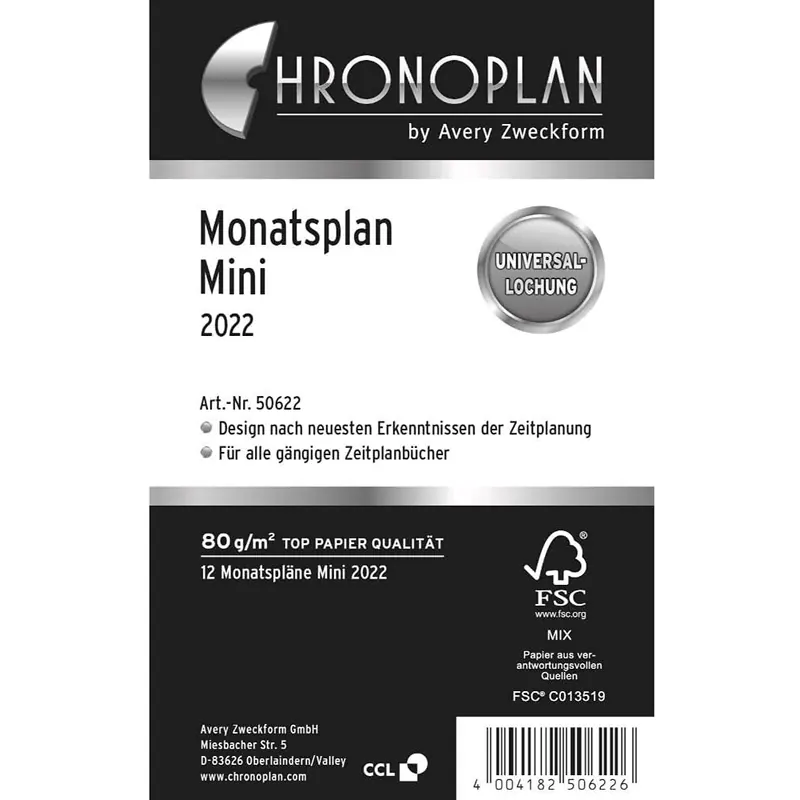 Chronoplan 50622 Kalendereinlage 2022, Monatsplan im Mini Format (79x125mm), Ersatzkalendarium, ideal für übersichtliche Monatsplanung, Universallochung (je ein Monat pro Seite zum Ausklappen), weiß