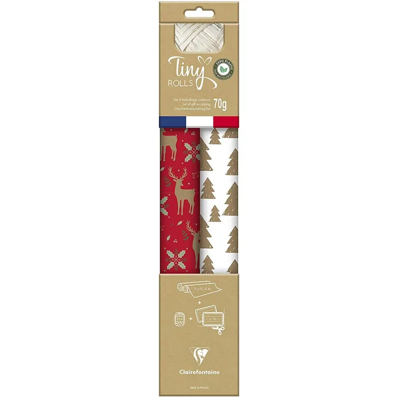 Clairefontaine 223887C - Set Tiny Rolls mit 2 Rollen Geschenkpapier 5x0,35m + 1 Rolle Geschenkband + Geschenketiketten, Kraftpapier, rot/weiß