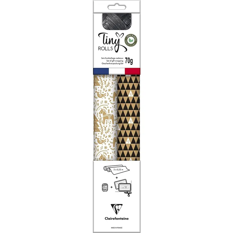 Clairefontaine 223888C - Set Tiny Rolls mit 2 Rollen Geschenkpapier 5x0,35m + 1 Rolle Geschenkband + Geschenketiketten, Kraftpapier, schwarz/weiß