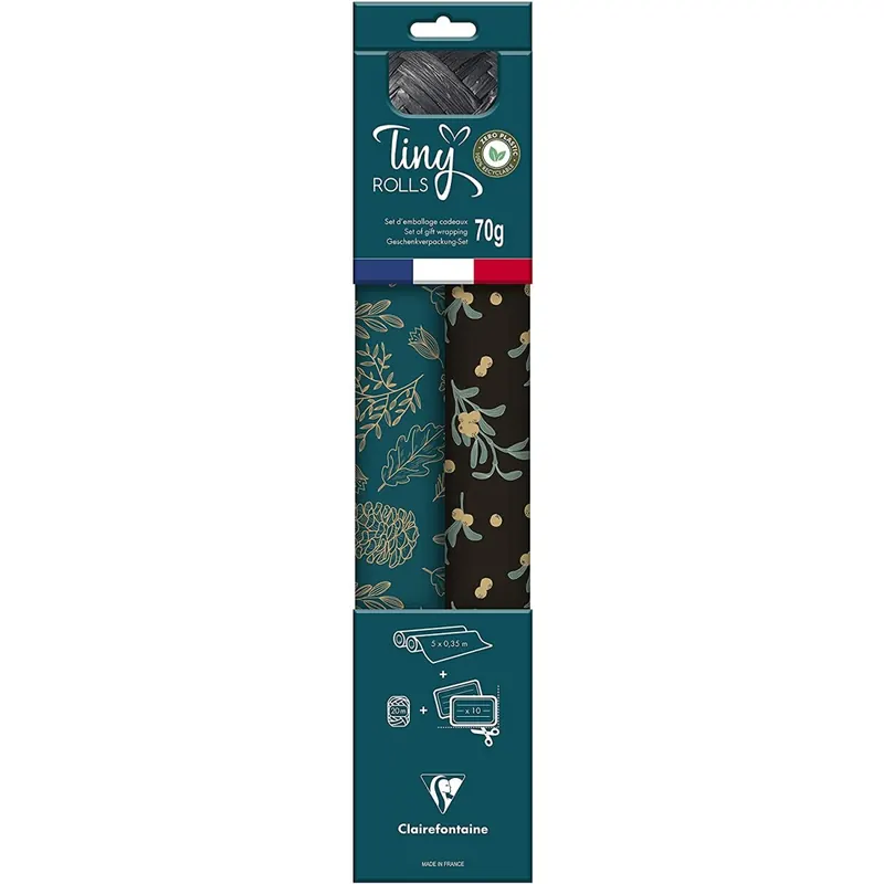Clairefontaine 223889C - Set Tiny Rolls mit 2 Rollen Geschenkpapier 5x0,35m + 1 Rolle Geschenkband + Geschenketiketten, Kraftpapier, schwarz/blau