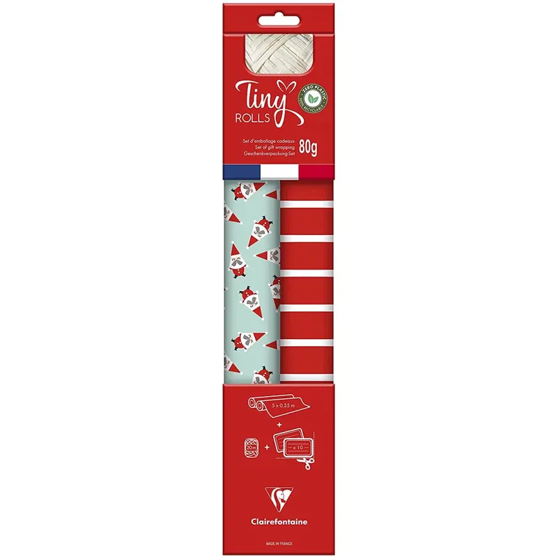 Clairefontaine 223890C - Set Tiny Rolls mit 2 Rollen Geschenkpapier 5x0,35m + 1 Rolle Geschenkband + Geschenketiketten, Excellia, rot/blau