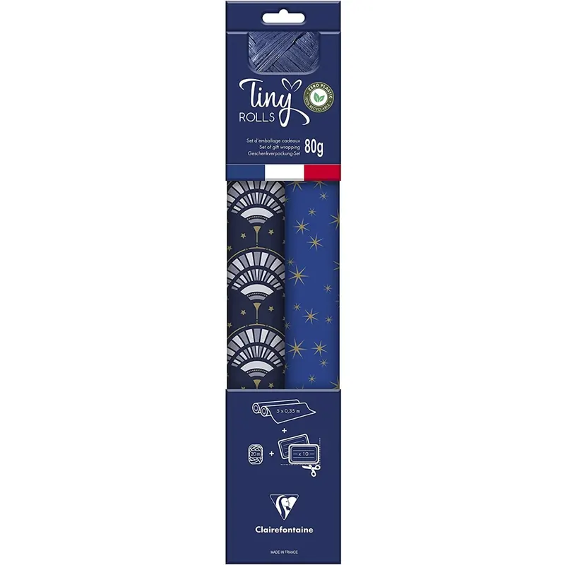Clairefontaine 223892C - Set Tiny Rolls mit 2 Rollen Geschenkpapier 5x0,35m + 1 Rolle Geschenkband + Geschenketiketten, Excellia, gold/blau